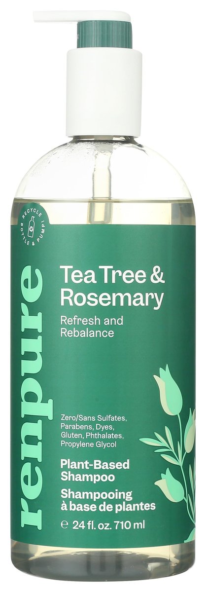 Renpure Pflanzliches Teebaum & Rosmarin Shampoo – Beruhigt trockene Kopfhaut, spendet Feuchtigkeit und Glanz, entfernt Schmutz, farbstofffrei, recycelbare Pumpe, 710 ml