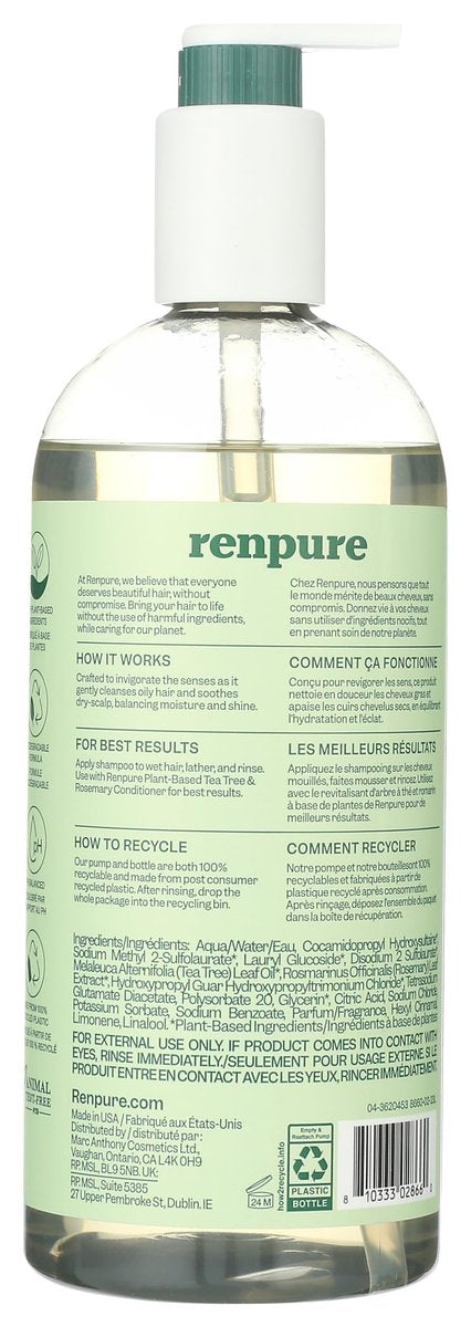 Renpure Pflanzliches Teebaum & Rosmarin Shampoo – Beruhigt trockene Kopfhaut, spendet Feuchtigkeit und Glanz, entfernt Schmutz, farbstofffrei, recycelbare Pumpe, 710 ml