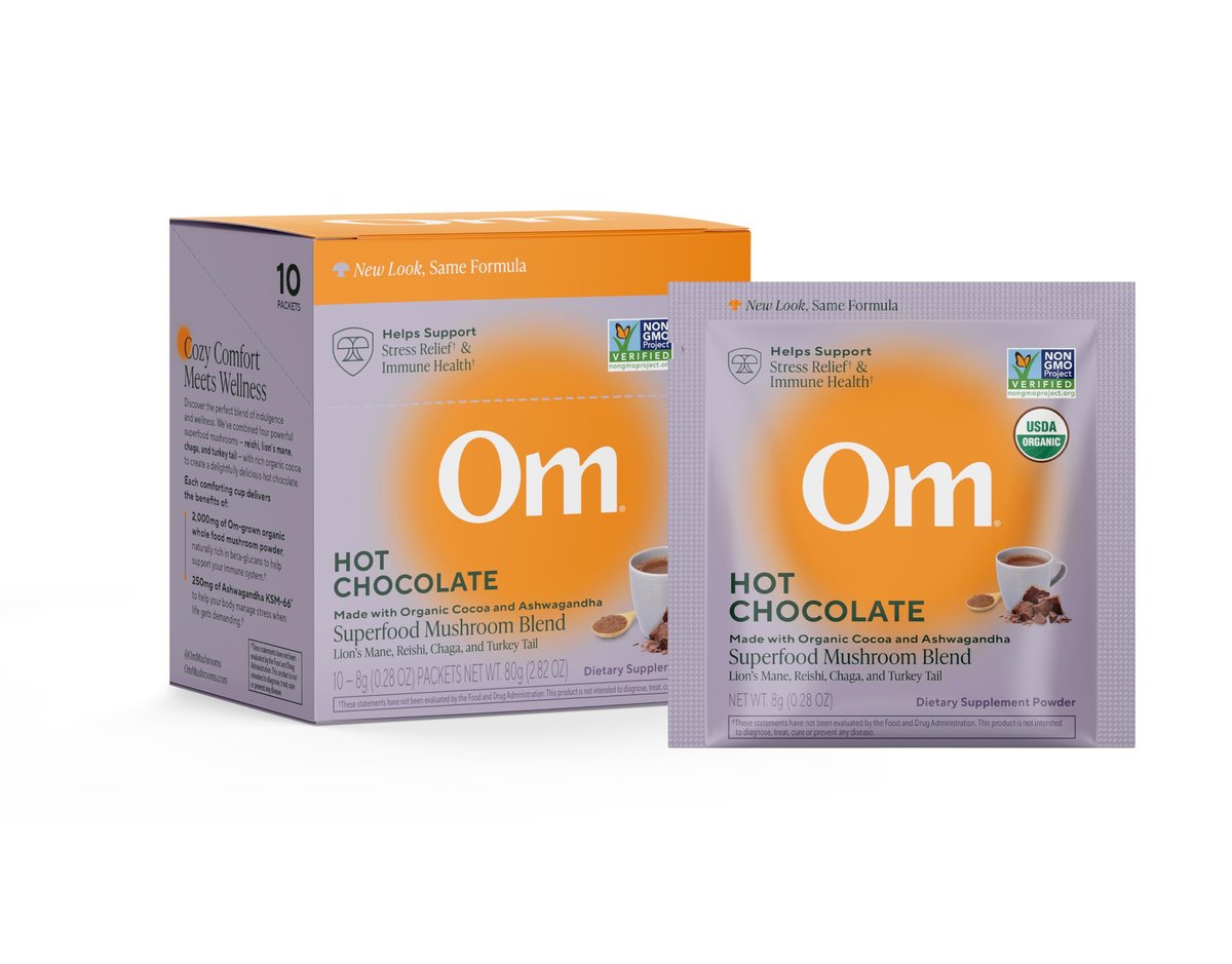 OM MUSHROOM SUPERFOOD Heiße Schokolade Mix – Niederländischer Kakao mit Löwenmähne, Reishi, Chaga & Turkey Tail – Fokus, Ruhe & Stressunterstützung – 2g Zucker, 25 Kalorien – Einzelportion (10 Beutel)