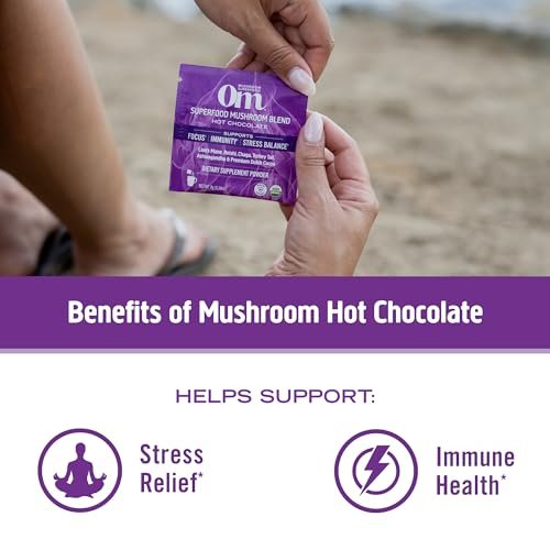 OM MUSHROOM SUPERFOOD Heiße Schokolade Mix – Niederländischer Kakao mit Löwenmähne, Reishi, Chaga & Turkey Tail – Fokus, Ruhe & Stressunterstützung – 2g Zucker, 25 Kalorien – Einzelportion (10 Beutel)