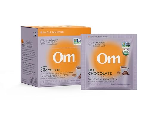 OM MUSHROOM SUPERFOOD Heiße Schokolade Mix – Niederländischer Kakao mit Löwenmähne, Reishi, Chaga & Turkey Tail – Fokus, Ruhe & Stressunterstützung – 2g Zucker, 25 Kalorien – Einzelportion (10 Beutel)
