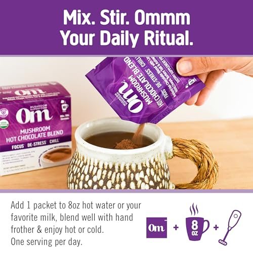 OM MUSHROOM SUPERFOOD Heiße Schokolade Mix – Niederländischer Kakao mit Löwenmähne, Reishi, Chaga & Turkey Tail – Fokus, Ruhe & Stressunterstützung – 2g Zucker, 25 Kalorien – Einzelportion (10 Beutel)