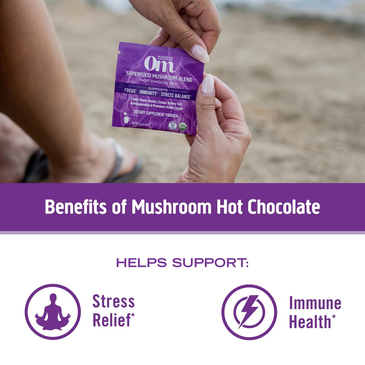 OM MUSHROOM SUPERFOOD Heiße Schokolade Mix – Niederländischer Kakao mit Löwenmähne, Reishi, Chaga & Turkey Tail – Fokus, Ruhe & Stressunterstützung – 2g Zucker, 25 Kalorien – Einzelportion (10 Beutel)