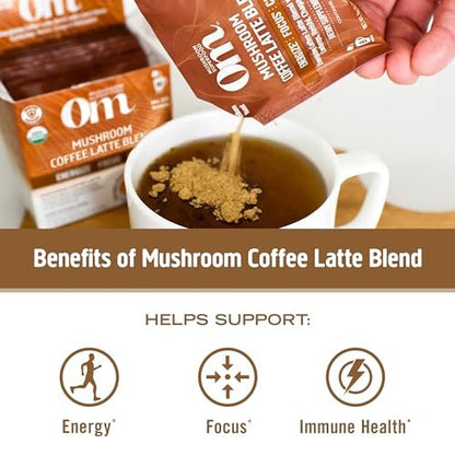 OM MUSHROOM SUPERFOOD Kaffee-Latte-Mischung – Funktionelles Pilzpulver mit Löwenmähne, Cordyceps, Reishi & Chaga – Energie, Fokus & geistige Klarheit – Einzelportionen (10 Beutel)