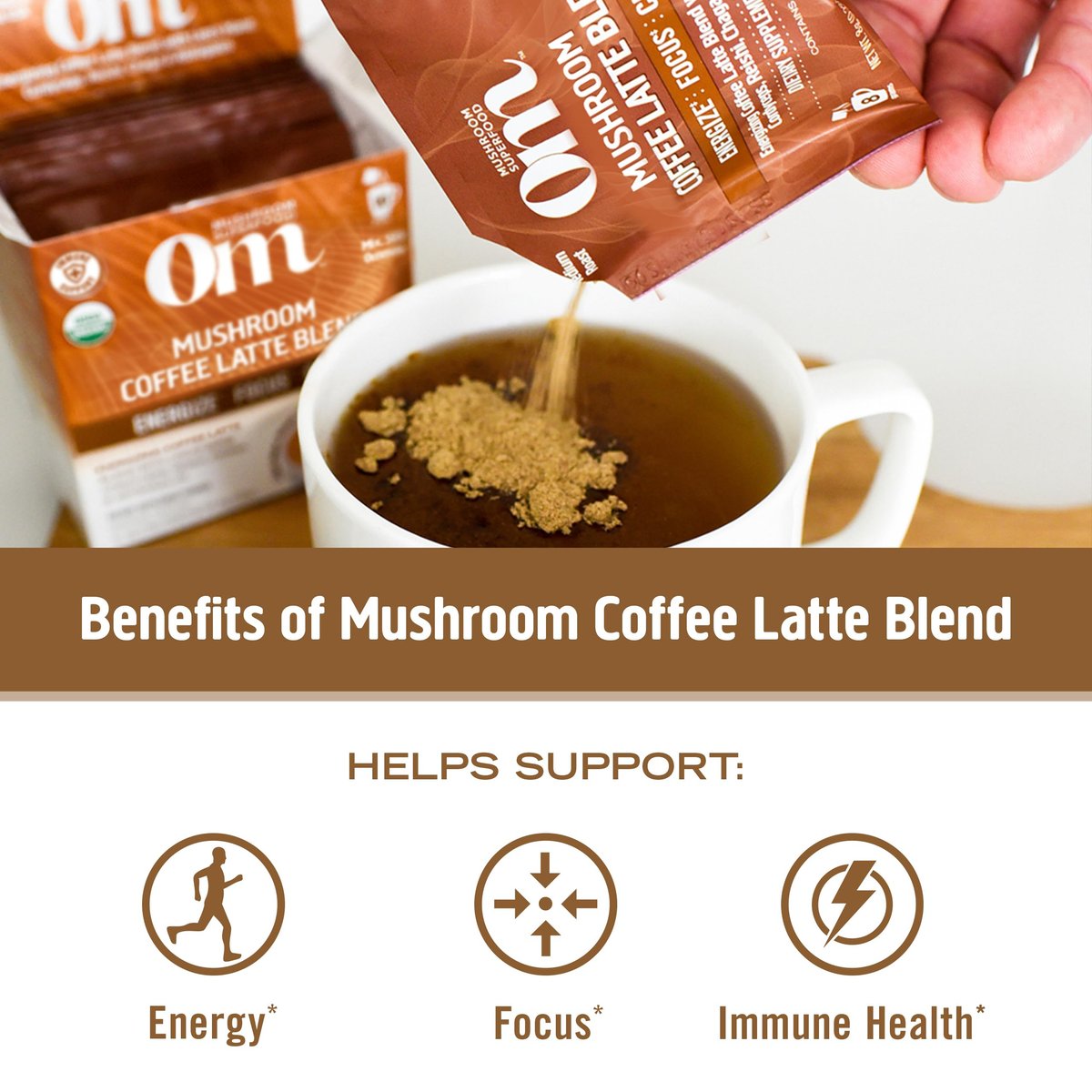 OM MUSHROOM SUPERFOOD Kaffee-Latte-Mischung – Funktionelles Pilzpulver mit Löwenmähne, Cordyceps, Reishi & Chaga – Energie, Fokus & geistige Klarheit – Einzelportionen (10 Beutel)