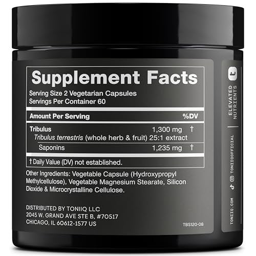 Toniiq Tribulus Terrestris für Männer – Hochdosierter 25:1 Extrakt mit 95 % Saponinen – 1300 mg reine & konzentrierte Formel – Laborgeprüft auf Reinheit & Qualität – 120 Kapseln
