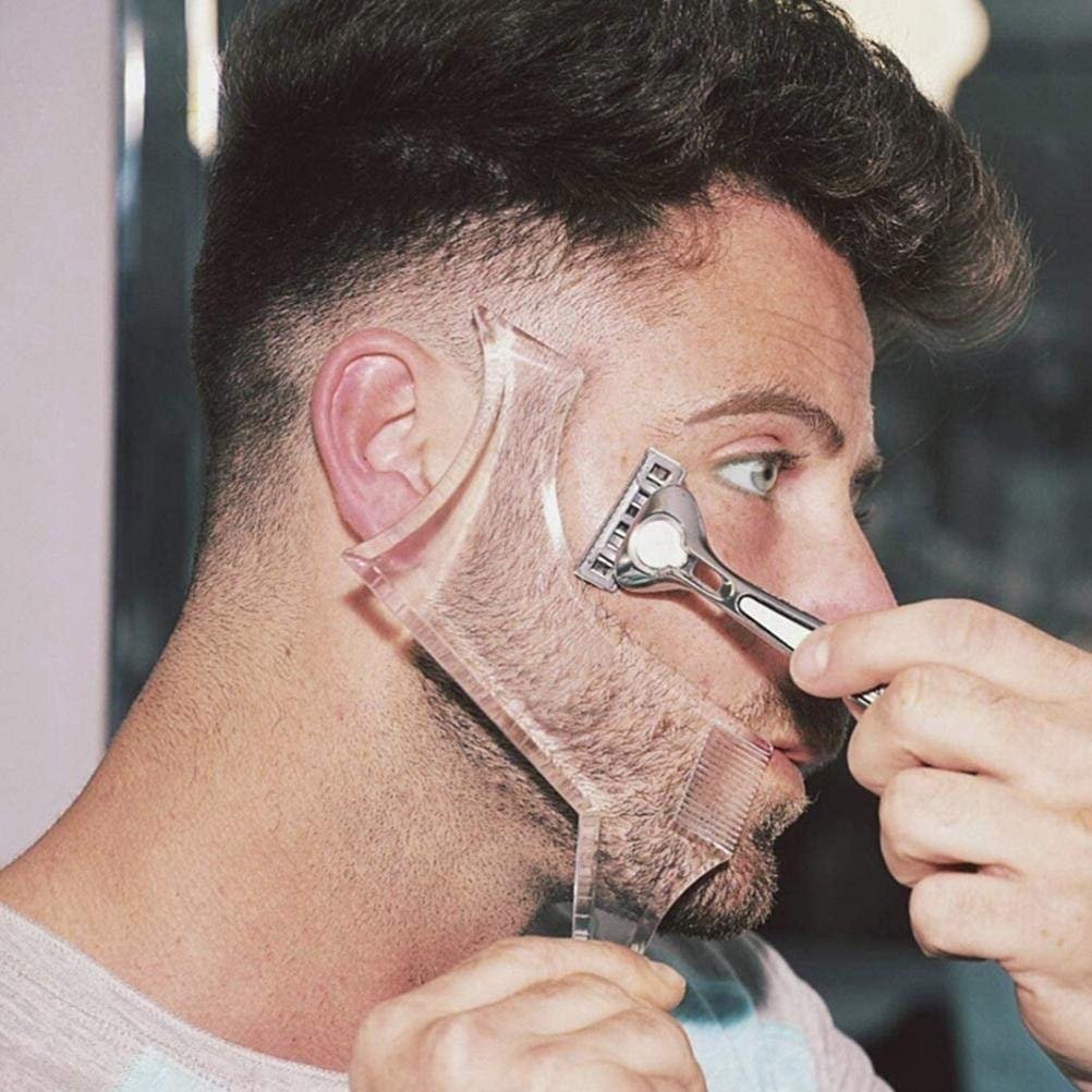 Männlicher Bartformungswerkzeug mit integriertem Kamm – Transparente Schablone für Goatee, Schnurrbart, Koteletten, Kinnlinie, symmetrische/gebogene/gestufte Schnitte (klar)