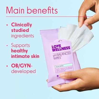 Love Wellness pH-Balance-Feuchttücher für Frauen | Duftfrei | Vulva-Reiniger für ausgeglichenen pH-Wert, Intimgesundheit & Hygiene | Nicht reizend mit Aloe Vera für empfindliche Haut | Reisegröße | 3er-Pack