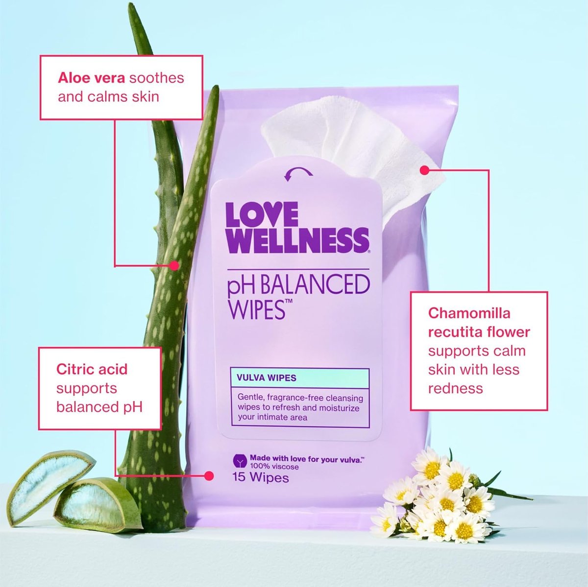Love Wellness pH-Balance-Feuchttücher für Frauen | Duftfrei | Vulva-Reiniger für ausgeglichenen pH-Wert, Intimgesundheit & Hygiene | Nicht reizend mit Aloe Vera für empfindliche Haut | Reisegröße | 3er-Pack