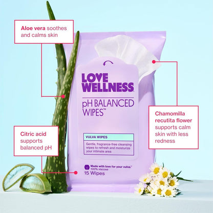 Love Wellness pH-Balance-Feuchttücher für Frauen | Duftfrei | Vulva-Reiniger für ausgeglichenen pH-Wert, Intimgesundheit & Hygiene | Nicht reizend mit Aloe Vera für empfindliche Haut | Reisegröße | 3er-Pack