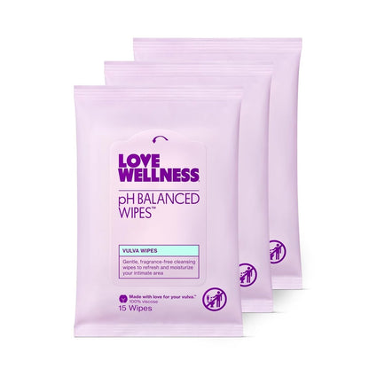 Love Wellness pH-Balance-Feuchttücher für Frauen | Duftfrei | Vulva-Reiniger für ausgeglichenen pH-Wert, Intimgesundheit & Hygiene | Nicht reizend mit Aloe Vera für empfindliche Haut | Reisegröße | 3er-Pack