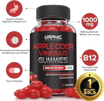 ORPHIC NUTRITION Apfelessig Gummibärchen 1000mg - Ungefilterter ACV mit Vitamin B12, Rote Bete & Granatapfel (60 Stück)