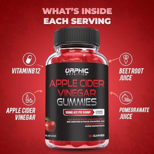 ORPHIC NUTRITION Apfelessig Gummibärchen 1000mg - Ungefilterter ACV mit Vitamin B12, Rote Bete & Granatapfel (60 Stück)