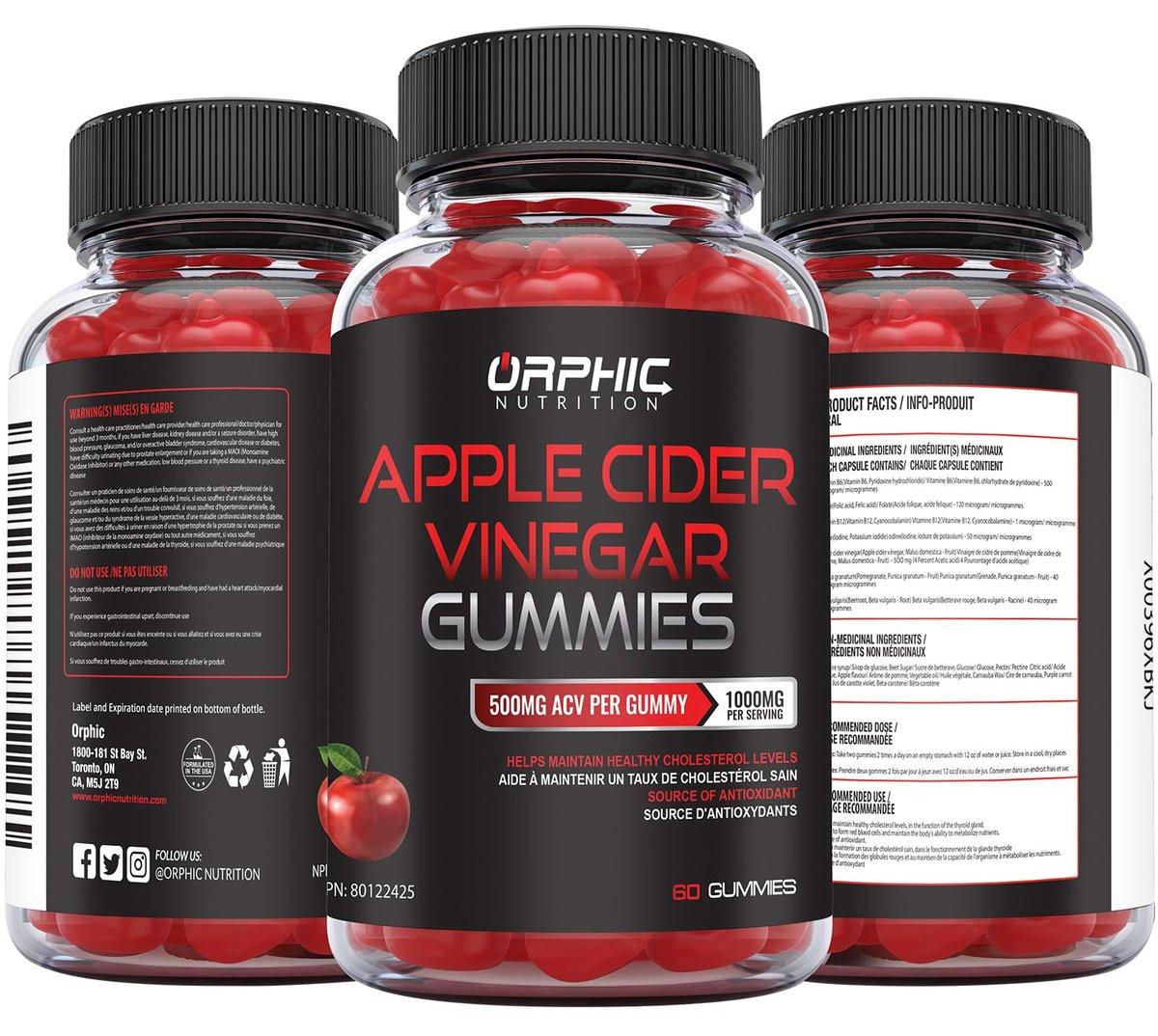 ORPHIC NUTRITION Apfelessig Gummibärchen 1000mg - Ungefilterter ACV mit Vitamin B12, Rote Bete & Granatapfel (60 Stück)