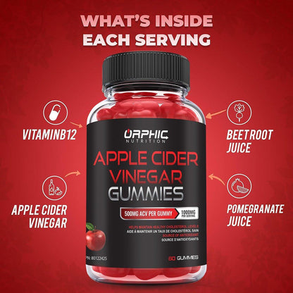 ORPHIC NUTRITION Apfelessig Gummibärchen 1000mg - Ungefilterter ACV mit Vitamin B12, Rote Bete & Granatapfel (60 Stück)