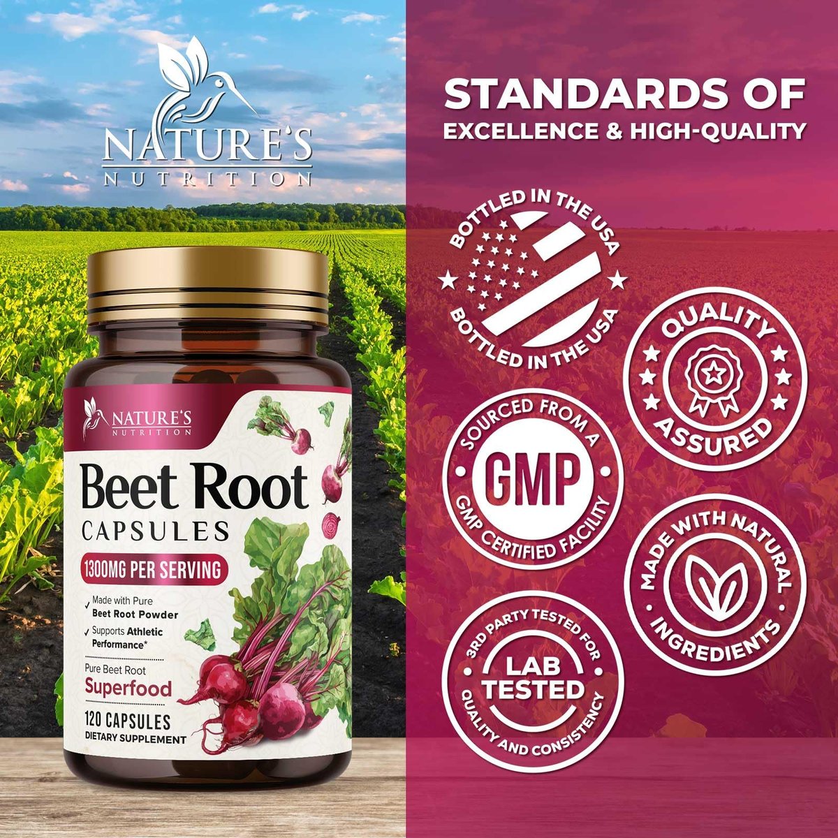 Bio Rote Bete Pulver – 1300 mg pro Portion – Extra starke Bio-Rote-Bete-Ergänzung – Unterstützt Stickstoffmonoxid-Produktion, Herzgesundheit & natürliche Energie – Hergestellt in USA – 120 vegane Kapseln
