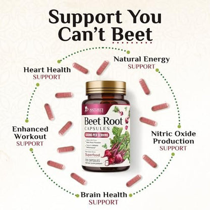 Bio Rote Bete Pulver – 1300 mg pro Portion – Extra starke Bio-Rote-Bete-Ergänzung – Unterstützt Stickstoffmonoxid-Produktion, Herzgesundheit & natürliche Energie – Hergestellt in USA – 120 vegane Kapseln