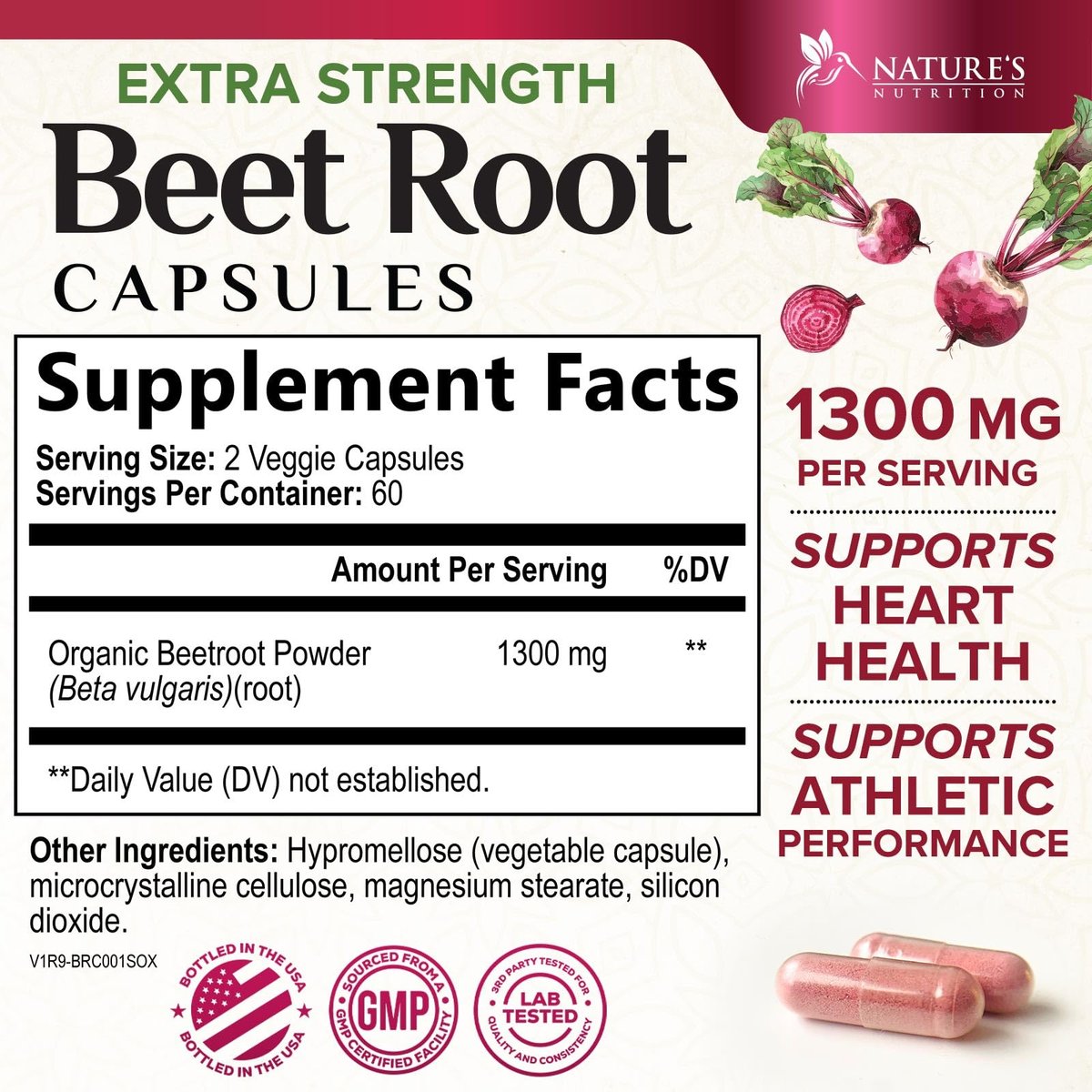 Bio Rote Bete Pulver – 1300 mg pro Portion – Extra starke Bio-Rote-Bete-Ergänzung – Unterstützt Stickstoffmonoxid-Produktion, Herzgesundheit & natürliche Energie – Hergestellt in USA – 120 vegane Kapseln