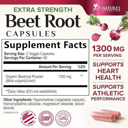 Bio Rote Bete Pulver – 1300 mg pro Portion – Extra starke Bio-Rote-Bete-Ergänzung – Unterstützt Stickstoffmonoxid-Produktion, Herzgesundheit & natürliche Energie – Hergestellt in USA – 120 vegane Kapseln