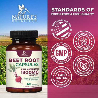 Rote Bete Kapseln - 1300 mg pro Portion - Extra starkes Bio-Rote-Bete-Pulver - Unterstützt Stickoxidproduktion, Herzgesundheit & natürliche Energie - Hergestellt in den USA - 60 vegane Kapseln