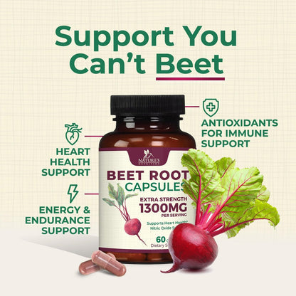 Rote Bete Kapseln - 1300 mg pro Portion - Extra starkes Bio-Rote-Bete-Pulver - Unterstützt Stickoxidproduktion, Herzgesundheit & natürliche Energie - Hergestellt in den USA - 60 vegane Kapseln