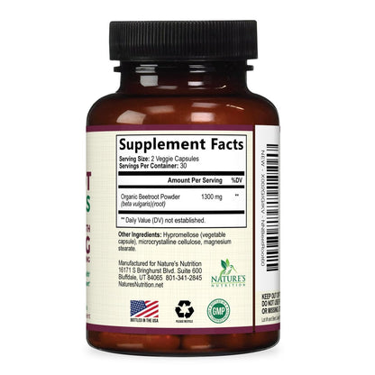 Rote Bete Kapseln - 1300 mg pro Portion - Extra starkes Bio-Rote-Bete-Pulver - Unterstützt Stickoxidproduktion, Herzgesundheit & natürliche Energie - Hergestellt in den USA - 60 vegane Kapseln