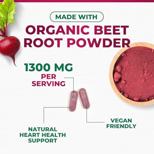 Rote Bete Kapseln - 1300 mg pro Portion - Extra starkes Bio-Rote-Bete-Pulver - Unterstützt Stickoxidproduktion, Herzgesundheit & natürliche Energie - Hergestellt in den USA - 60 vegane Kapseln