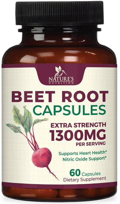 Rote Bete Kapseln - 1300 mg pro Portion - Extra starkes Bio-Rote-Bete-Pulver - Unterstützt Stickoxidproduktion, Herzgesundheit & natürliche Energie - Hergestellt in den USA - 60 vegane Kapseln