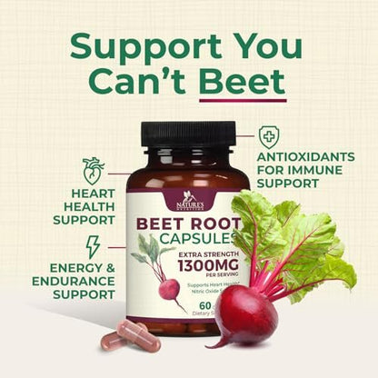 Rote Bete Kapseln - 1300 mg pro Portion - Extra starkes Bio-Rote-Bete-Pulver - Unterstützt Stickoxidproduktion, Herzgesundheit & natürliche Energie - Hergestellt in den USA - 60 vegane Kapseln