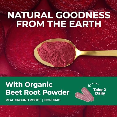 Rote Bete Kapseln - 1300 mg pro Portion - Extra starkes Bio-Rote-Bete-Pulver - Unterstützt Stickoxidproduktion, Herzgesundheit & natürliche Energie - Hergestellt in den USA - 60 vegane Kapseln