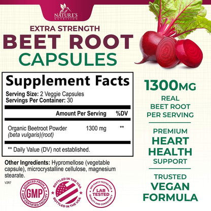 Rote Bete Kapseln - 1300 mg pro Portion - Extra starkes Bio-Rote-Bete-Pulver - Unterstützt Stickoxidproduktion, Herzgesundheit & natürliche Energie - Hergestellt in den USA - 60 vegane Kapseln