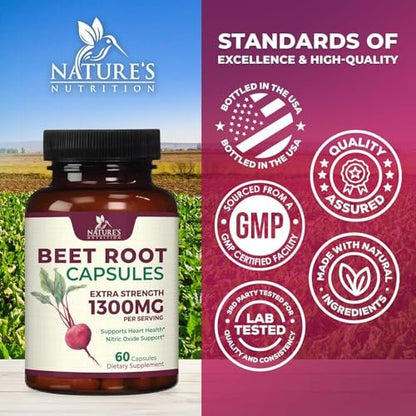Rote Bete Kapseln - 1300 mg pro Portion - Extra starkes Bio-Rote-Bete-Pulver - Unterstützt Stickoxidproduktion, Herzgesundheit & natürliche Energie - Hergestellt in den USA - 60 vegane Kapseln