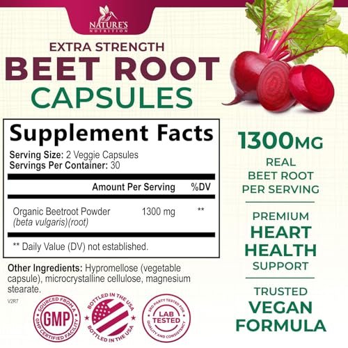 Rote Bete Kapseln - 1300 mg pro Portion - Extra starkes Bio-Rote-Bete-Pulver - Unterstützt Stickoxidproduktion, Herzgesundheit & natürliche Energie - Hergestellt in den USA - 60 vegane Kapseln