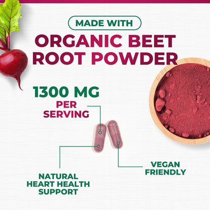 Rote Bete Kapseln - 1300 mg pro Portion - Extra starkes Bio-Rote-Bete-Pulver - Unterstützt Stickoxidproduktion, Herzgesundheit & natürliche Energie - Hergestellt in den USA - 60 vegane Kapseln