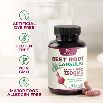 Rote Bete Kapseln - 1300 mg pro Portion - Extra starkes Bio-Rote-Bete-Pulver - Unterstützt Stickoxidproduktion, Herzgesundheit & natürliche Energie - Hergestellt in den USA - 60 vegane Kapseln