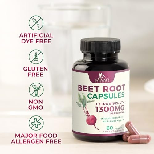 Rote Bete Kapseln - 1300 mg pro Portion - Extra starkes Bio-Rote-Bete-Pulver - Unterstützt Stickoxidproduktion, Herzgesundheit & natürliche Energie - Hergestellt in den USA - 60 vegane Kapseln