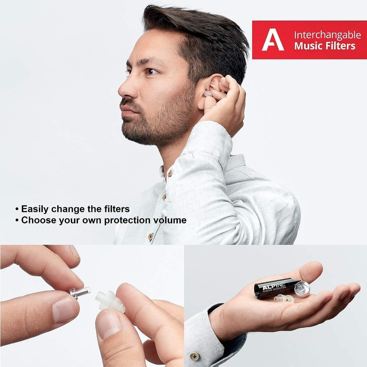 Alpine MusicSafe – Hochwertige Gehörschutz-Ohrstöpsel für Musiker – 2 austauschbare Filter-Sets: 19 & 22 dB – Professioneller Gehörschutz – Transparent