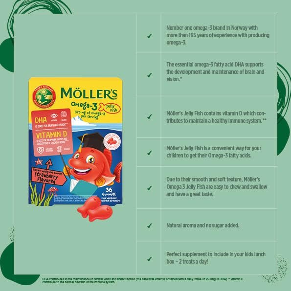 MÖLLER'S Omega 3 Kapseln für Kinder – Natürliches Fischöl mit DHA und EPA, Erdbeergeschmack, 36 Kapseln – Ohne Gluten, Laktose oder Zuckerzusatz
