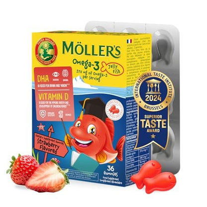 MÖLLER'S Omega 3 Kapseln für Kinder – Natürliches Fischöl mit DHA und EPA, Erdbeergeschmack, 36 Kapseln – Ohne Gluten, Laktose oder Zuckerzusatz