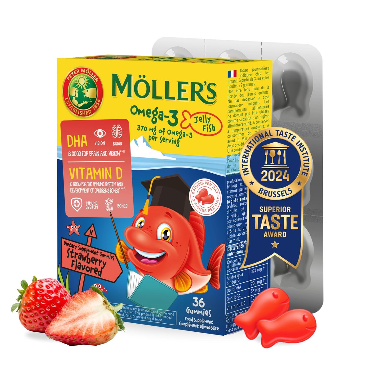 MÖLLER'S Omega 3 Kapseln für Kinder – Natürliches Fischöl mit DHA und EPA, Erdbeergeschmack, 36 Kapseln – Ohne Gluten, Laktose oder Zuckerzusatz