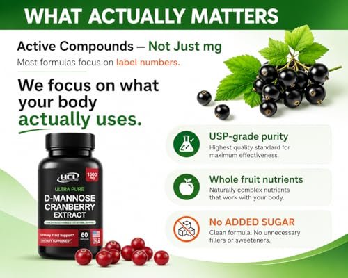 HCL HERBAL CODE LABS D-Mannose mit Cranberry Extrakt Kapseln 1500mg – Hochdosiertes USP D-Mannose Präparat mit ganzen Cranberry-Früchten – Unterstützung der Harnwege – Non-GMO 60 Kapseln