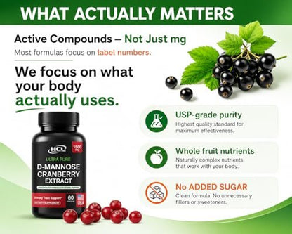 HCL HERBAL CODE LABS D-Mannose mit Cranberry Extrakt Kapseln 1500mg – Hochdosiertes USP D-Mannose Präparat mit ganzen Cranberry-Früchten – Unterstützung der Harnwege – Non-GMO 60 Kapseln