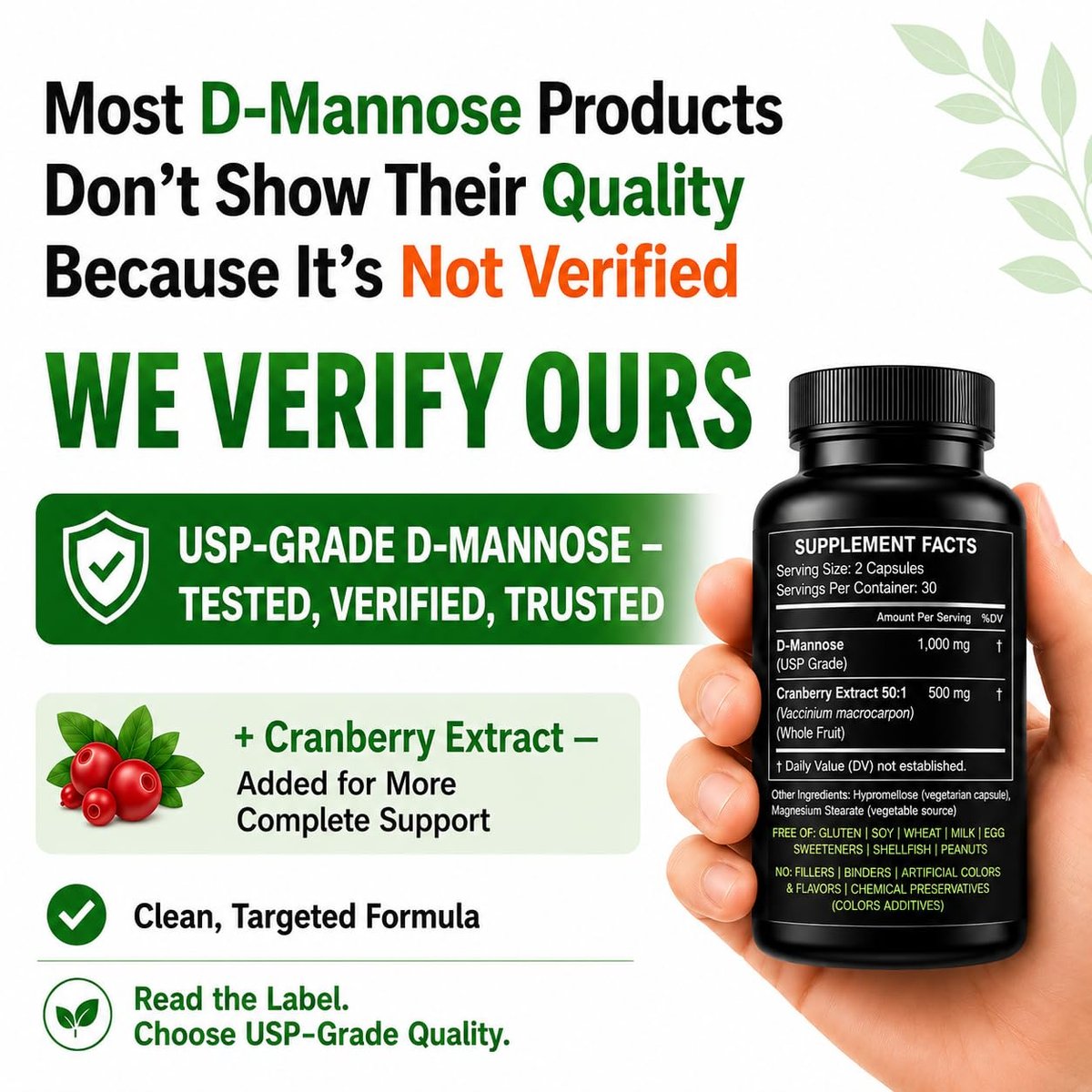 HCL HERBAL CODE LABS D-Mannose mit Cranberry Extrakt Kapseln 1500mg – Hochdosiertes USP D-Mannose Präparat mit ganzen Cranberry-Früchten – Unterstützung der Harnwege – Non-GMO 60 Kapseln