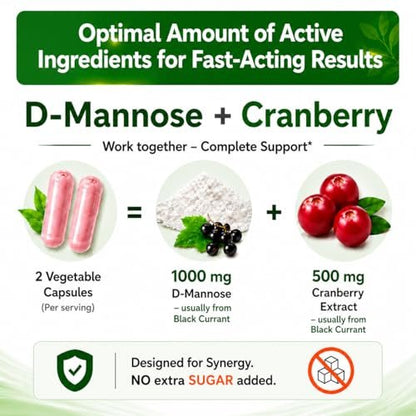 HCL HERBAL CODE LABS D-Mannose mit Cranberry Extrakt Kapseln 1500mg – Hochdosiertes USP D-Mannose Präparat mit ganzen Cranberry-Früchten – Unterstützung der Harnwege – Non-GMO 60 Kapseln