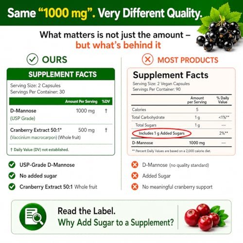 HCL HERBAL CODE LABS D-Mannose mit Cranberry Extrakt Kapseln 1500mg – Hochdosiertes USP D-Mannose Präparat mit ganzen Cranberry-Früchten – Unterstützung der Harnwege – Non-GMO 60 Kapseln