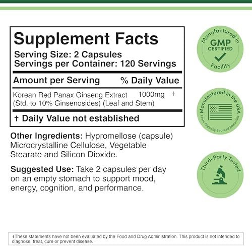 Koreanische Ginseng Kapseln (Panax Ginseng Extrakt, 10 % Ginsenoside) - 240 vegane Kapseln, 4 Monate Vorrat, 1.000 mg pro Portion für Stimmung, kognitive Funktion und Energie