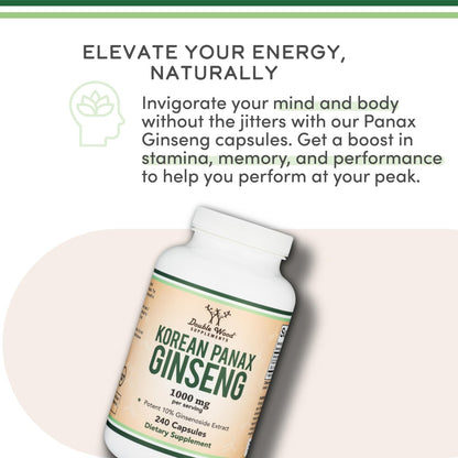 Koreanische Ginseng Kapseln (Panax Ginseng Extrakt, 10 % Ginsenoside) - 240 vegane Kapseln, 4 Monate Vorrat, 1.000 mg pro Portion für Stimmung, kognitive Funktion und Energie