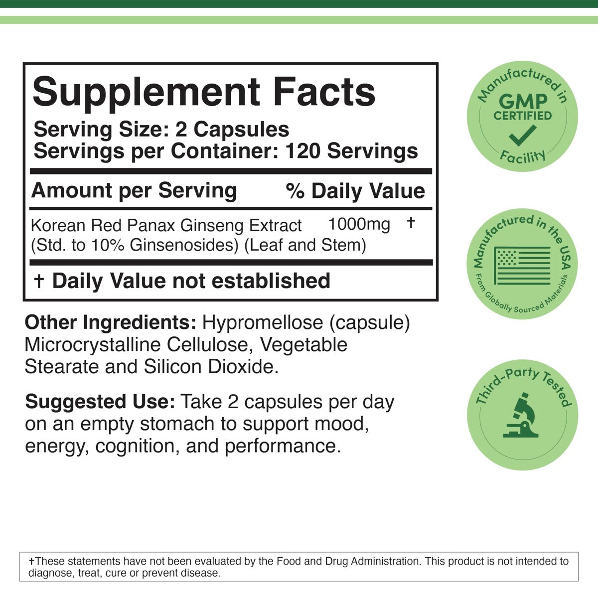 Koreanische Ginseng Kapseln (Panax Ginseng Extrakt, 10 % Ginsenoside) - 240 vegane Kapseln, 4 Monate Vorrat, 1.000 mg pro Portion für Stimmung, kognitive Funktion und Energie