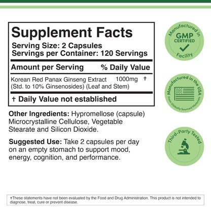 Koreanische Ginseng Kapseln (Panax Ginseng Extrakt, 10 % Ginsenoside) - 240 vegane Kapseln, 4 Monate Vorrat, 1.000 mg pro Portion für Stimmung, kognitive Funktion und Energie