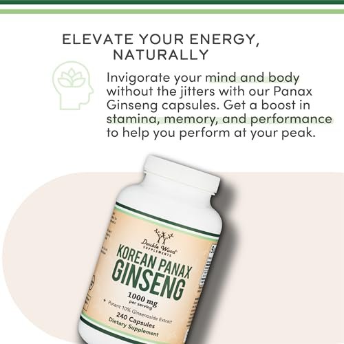 Koreanische Ginseng Kapseln (Panax Ginseng Extrakt, 10 % Ginsenoside) - 240 vegane Kapseln, 4 Monate Vorrat, 1.000 mg pro Portion für Stimmung, kognitive Funktion und Energie